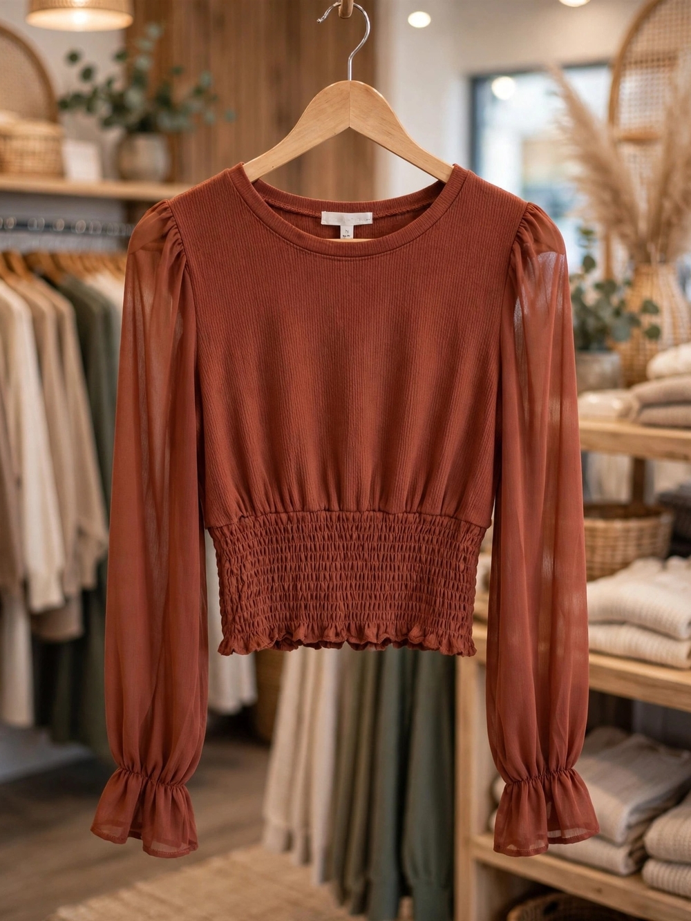Coco + Jaimeson Rust Smocked Waist Top with Sheer Balloon Sleeves – Size M